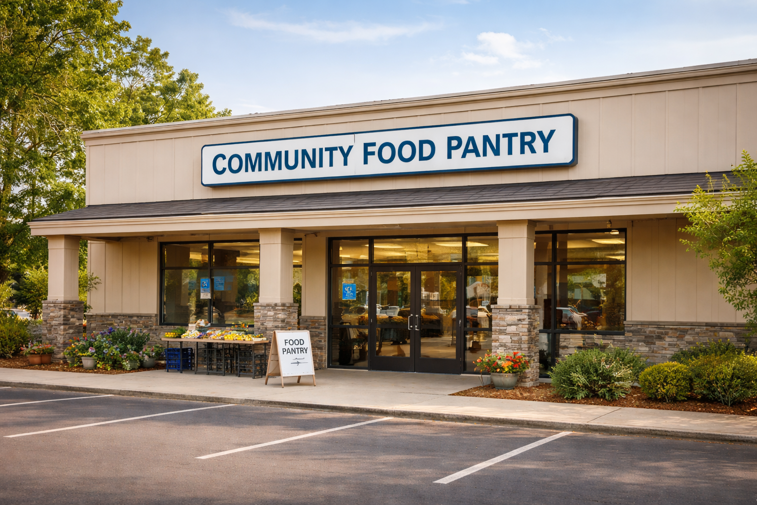 Volunteers organizing food at the pantry